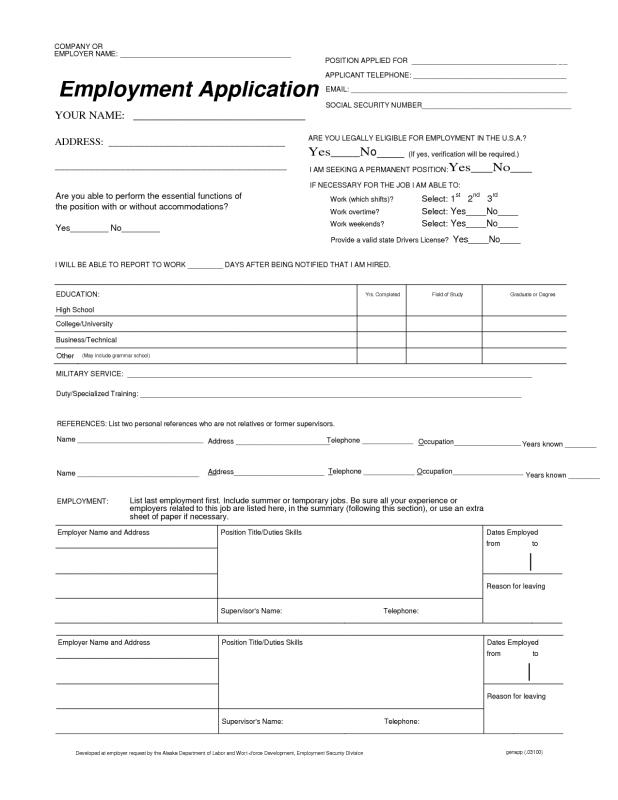 free employment application template