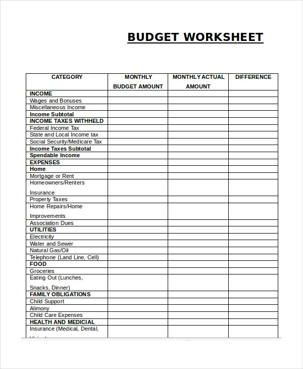 free household budget worksheet printable