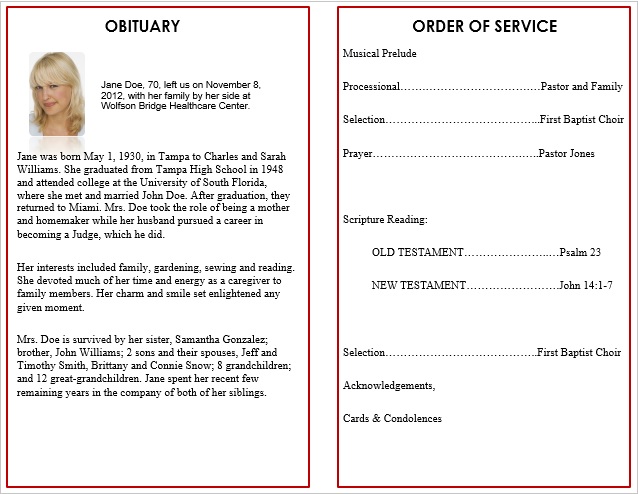 free memorial service program template