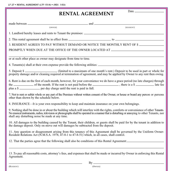 Rental Agreement Forms Free Printable