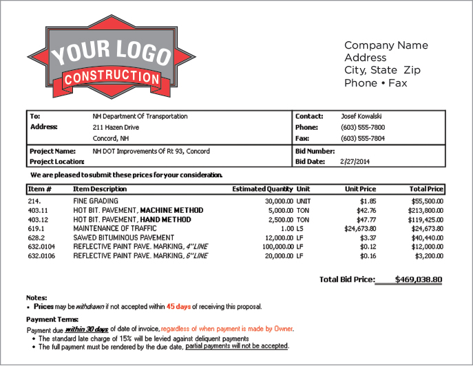 free printable contractor bid forms