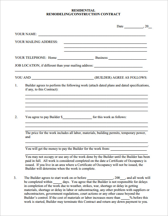 free printable contractor bid forms