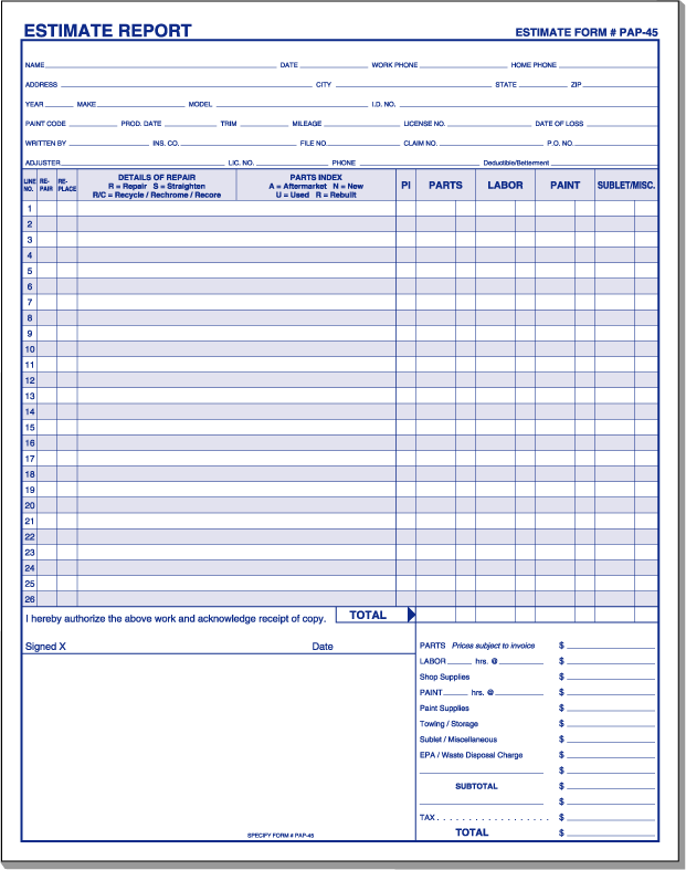 Free Printable Body Shop Estimate Forms