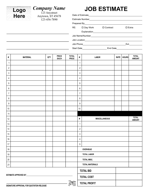 Free Printable Estimate Forms Template Business