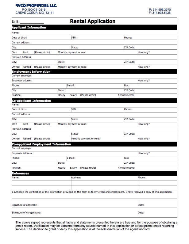 free rental application form