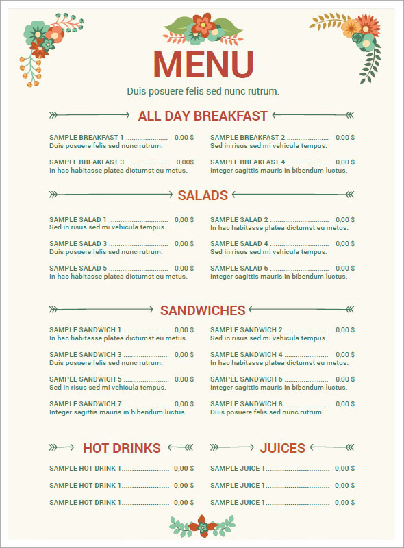 free restaurant menu templates for word