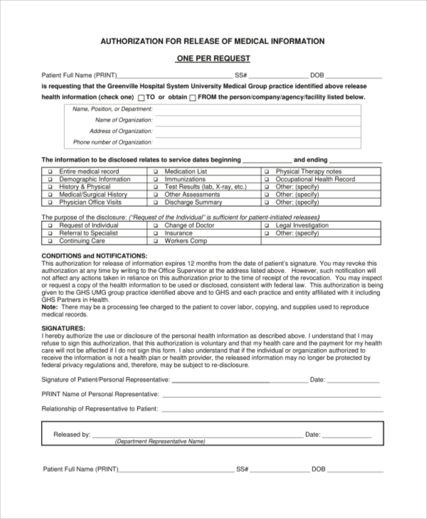 generic medical records release form