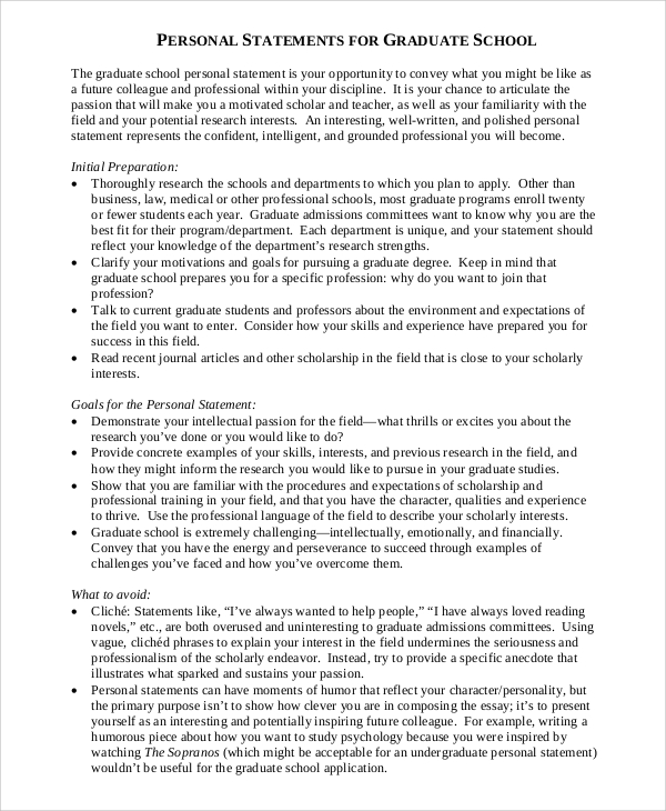 Grad School Personal Statement Examples Template Business