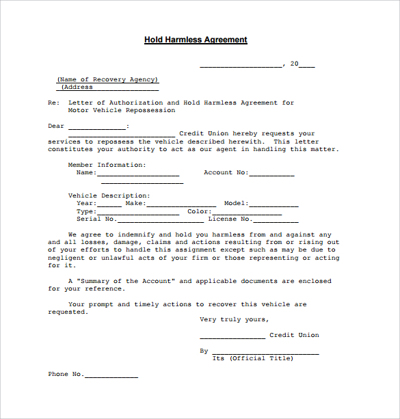 hold harmless agreement form