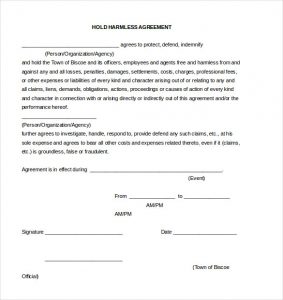 hold harmless agreement sample hold harmless agreement document template