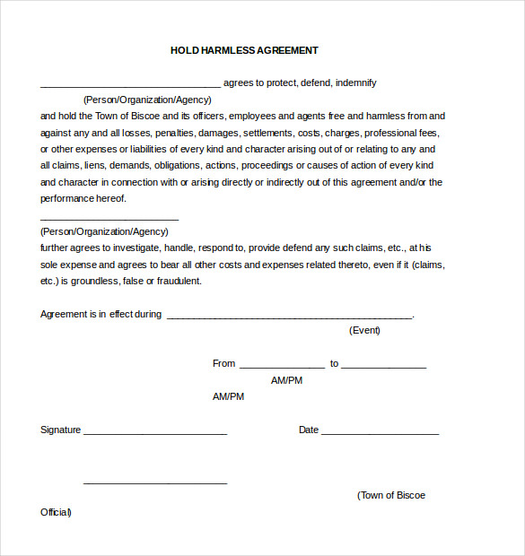 hold harmless agreement sample