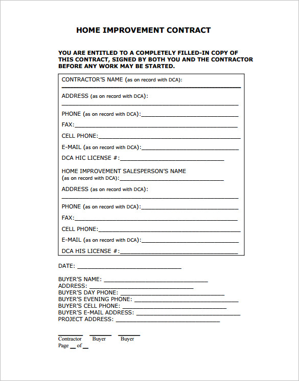 Home Improvement Contract Template Business