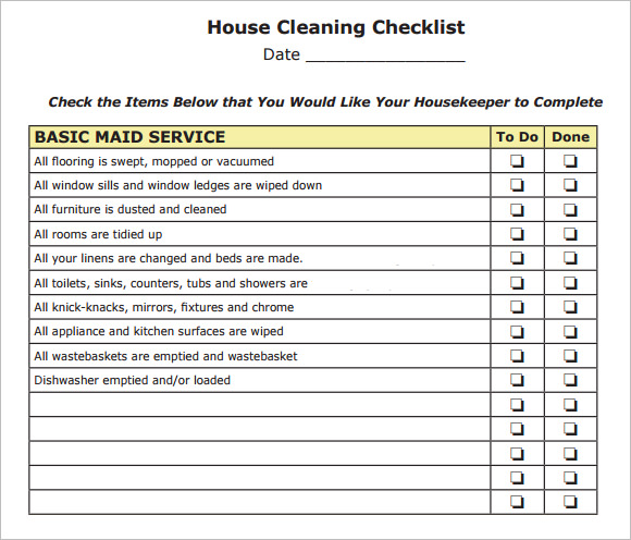 checklist for housekeeper