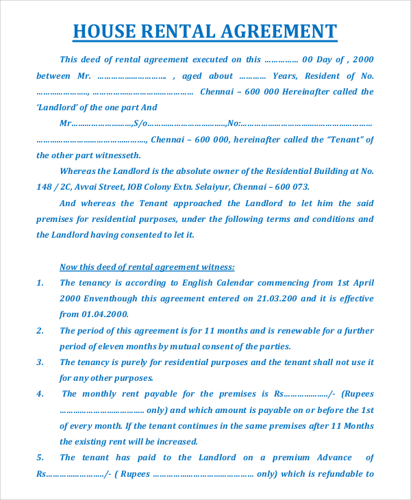 House Rental Agreement Template Business