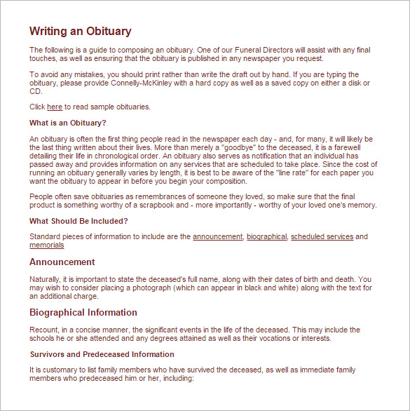 how to write obituary sample