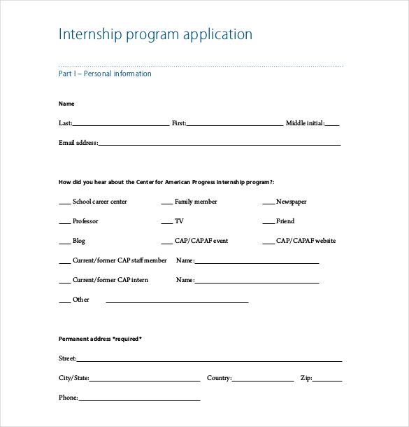 Intern Application Form Template Card Template