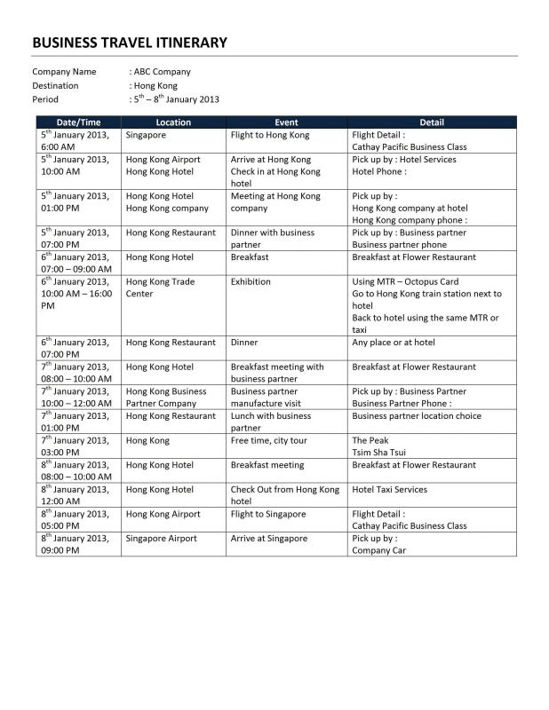 itinerary template word