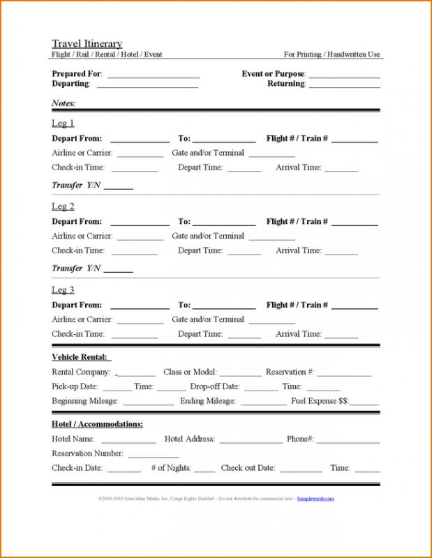 itinerary template word