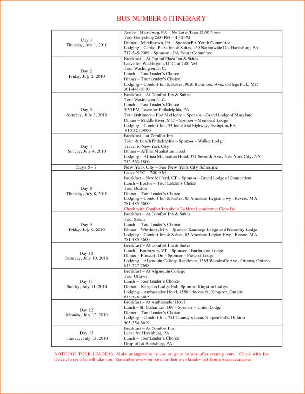 itinerary template word