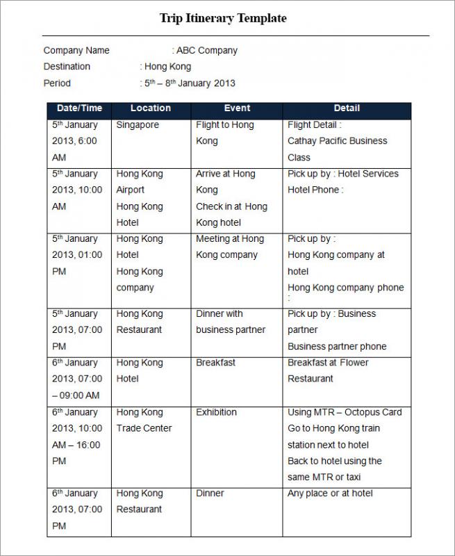 itinerary template word