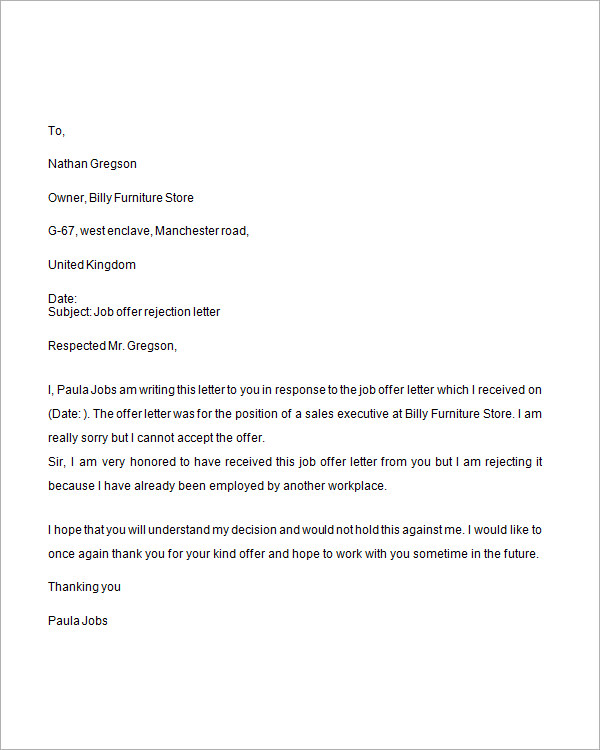 job rejection letter