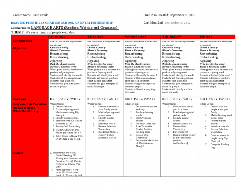 kindergarten lesson plan template