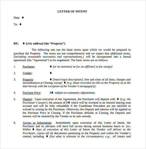  Letter Of Intent Real Estate Template Business