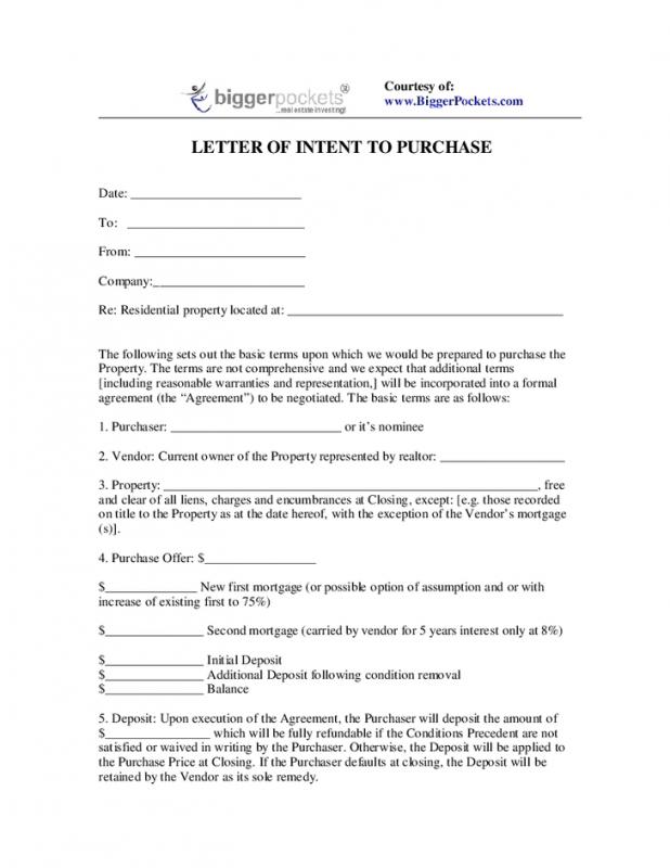 letter of intent to purchase