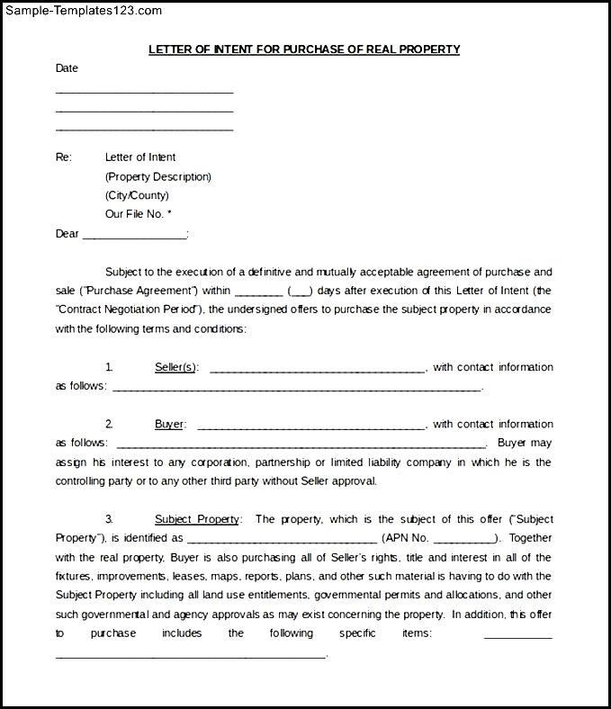 Letter Of Intent To Purchase Real Estate Template Business