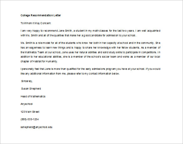 letter of recommendation for a student