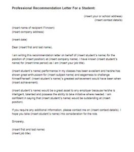 letter of recommendation for a student recommendation letter for a student