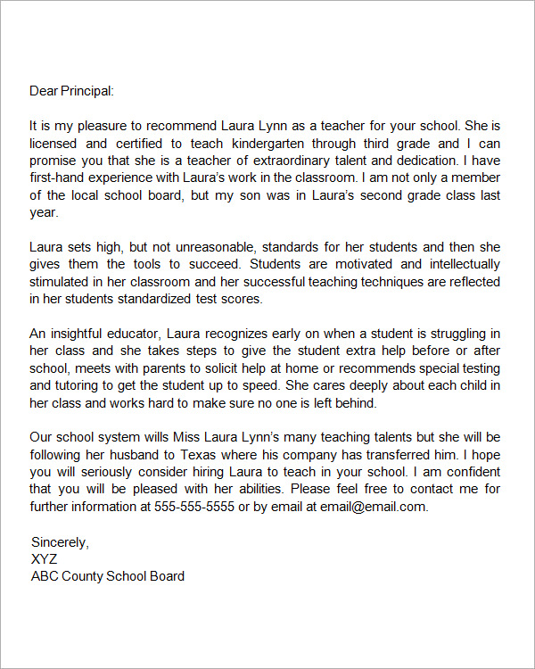 letter of recommendation for a teacher