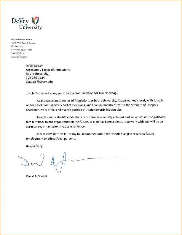 Letter Of Recommendation For College Template Business