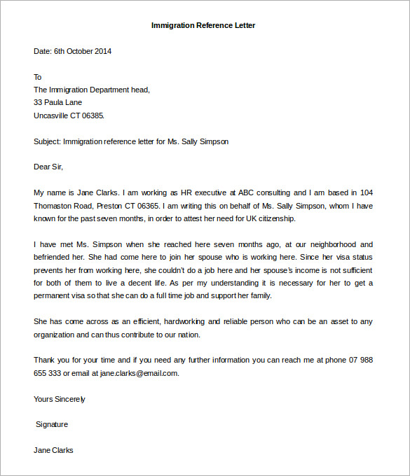 Letter Of For Immigration Template Business