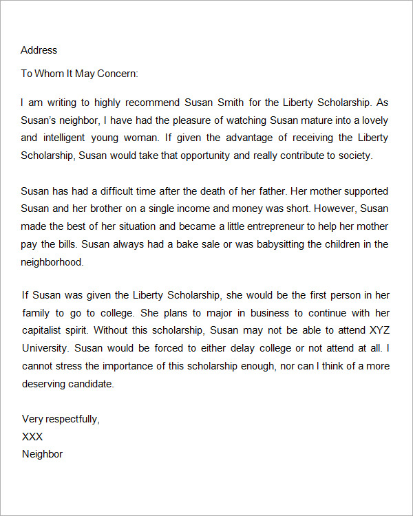 College Scholarship Letter Of Recommendation Template