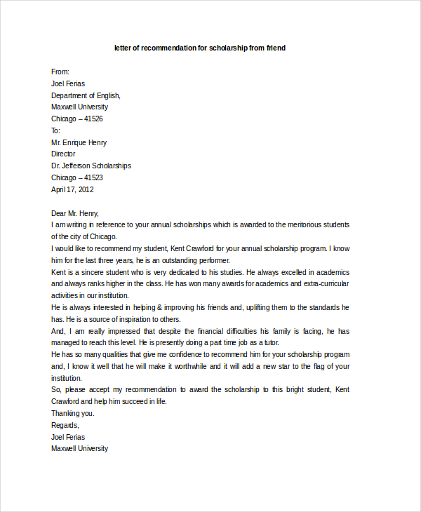 Letter Of Recommendation For Scholarship | Template Business