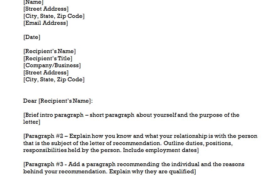 letter of recommendation template word