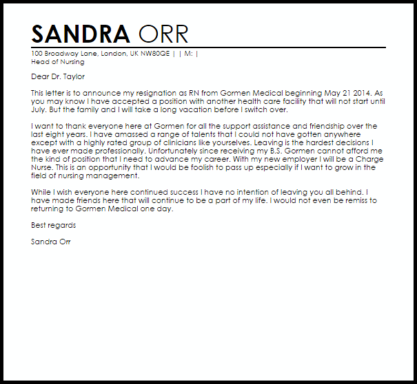 letter of resignation nursing