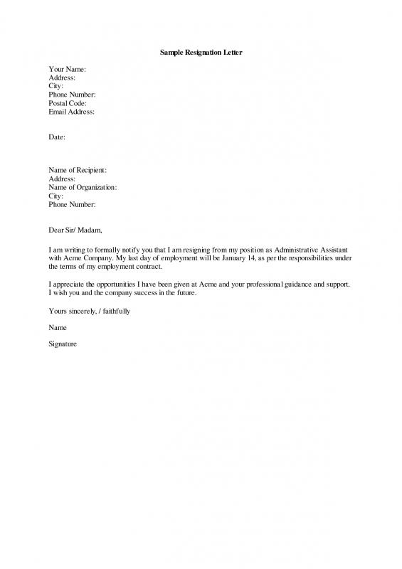 letter of resignation template