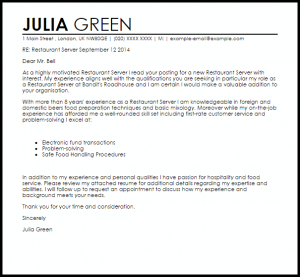 letters of recommendation for jobs restaurant server