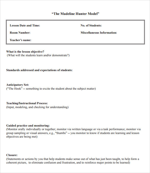 madeline hunter lesson plan example