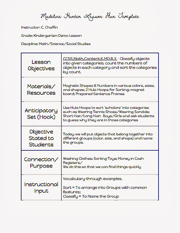 madeline hunter lesson plan template