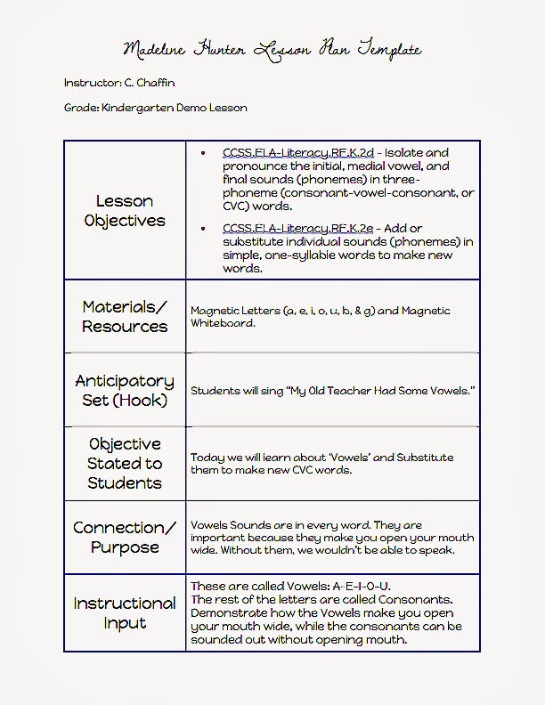 madeline hunter lesson plan template