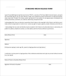 media release form standard media release form template