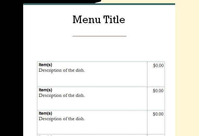 menu template word