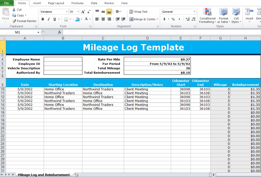 Mileage Log Form Template Business