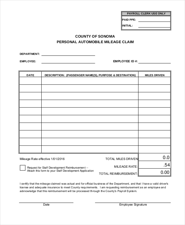 Mileage Reimbursement Form