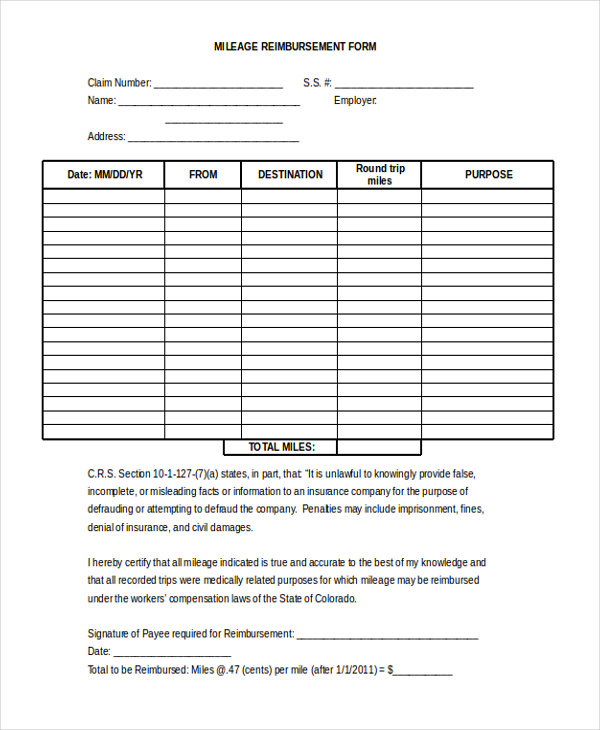 Mileage Reimbursement Form Template Business