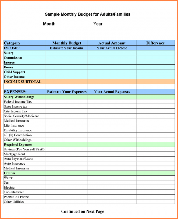 monthly household budget worksheet excel