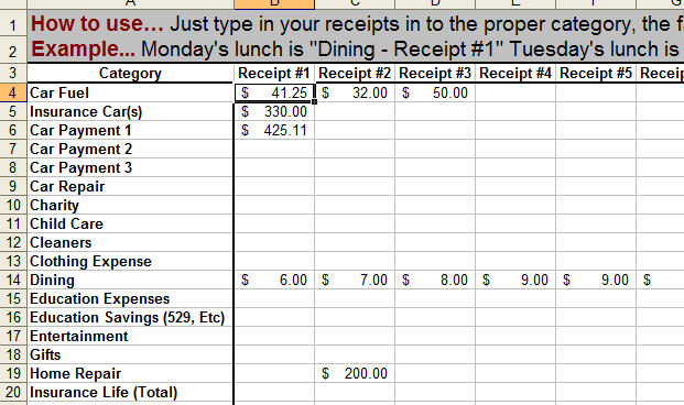 expense and payment spreadsheet for each month